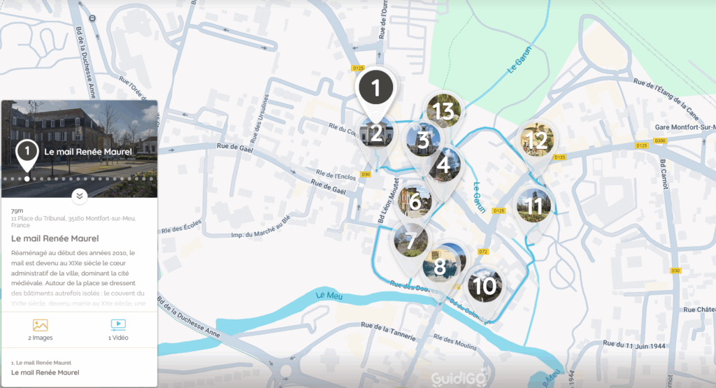 Une carte avec des points d'intérêts - application guidigo